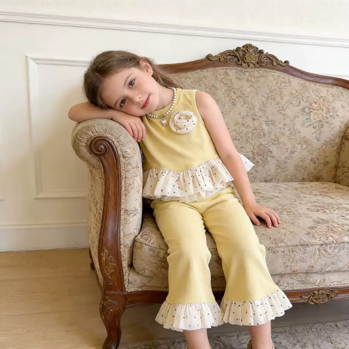 Girls Yellow Floral Ruffle Top & Flared Pants Co-ord Set