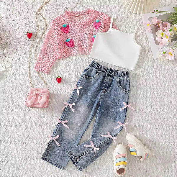 Girls Mesh Top With Bow Denim Pants Set