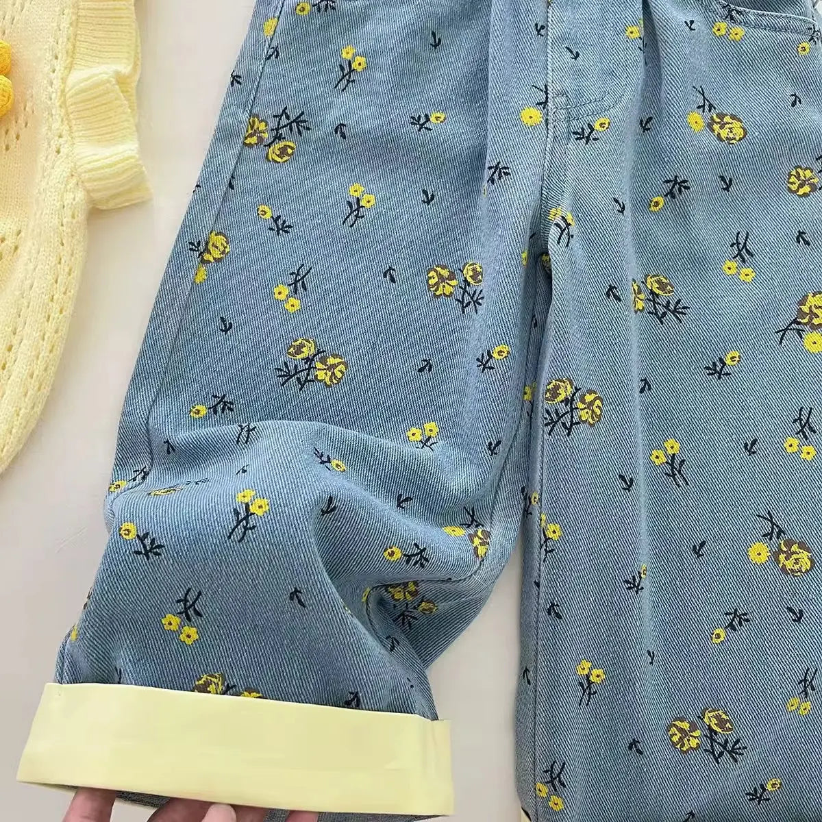 Girls Yellow Ruffle Top, knit Sweater And Printed Denim Pants.