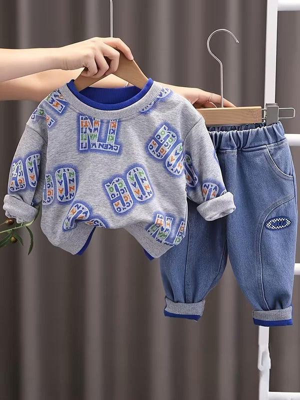 2Pcss Kids Trendy Cool Outfit Set, Full Letter Print Sweatshirt And Faux Denim