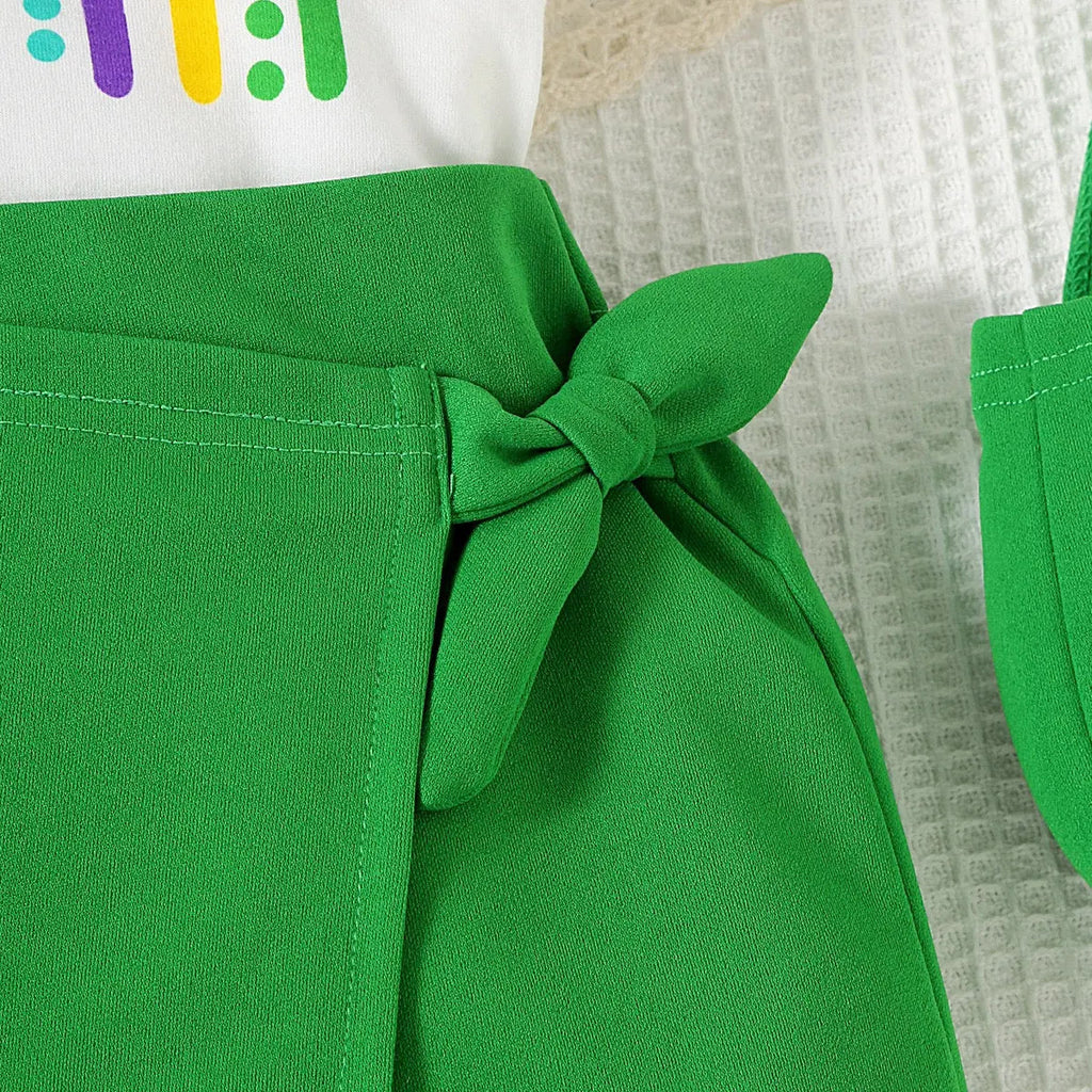 2-Piece Green Skirt And Printed Top Set For Girls