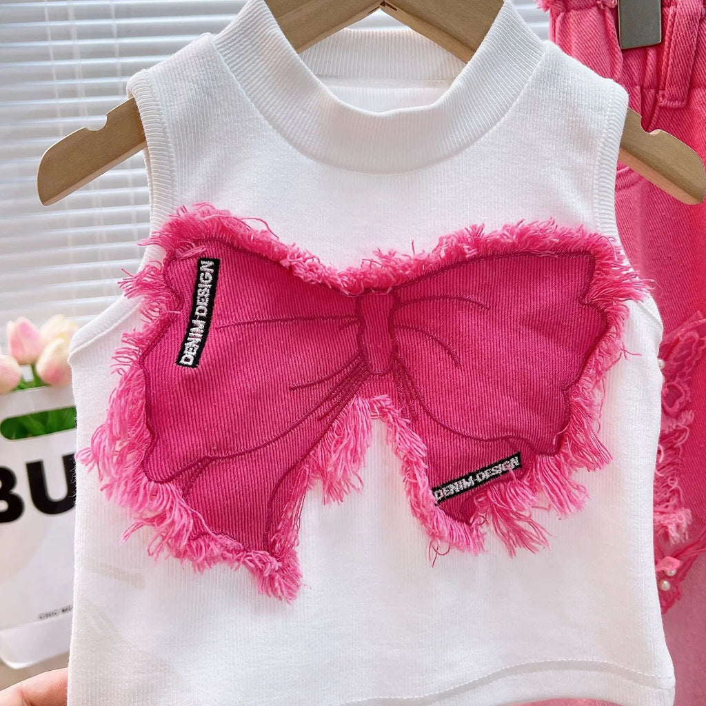 Girls Pink Bow Appliqué Top & Wide Fit Jeans Set