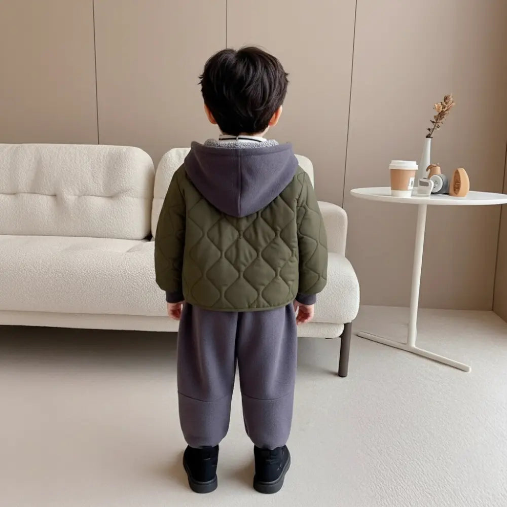 Boys Quilted Green Jacket With Grey Hoodie & Jogger Set