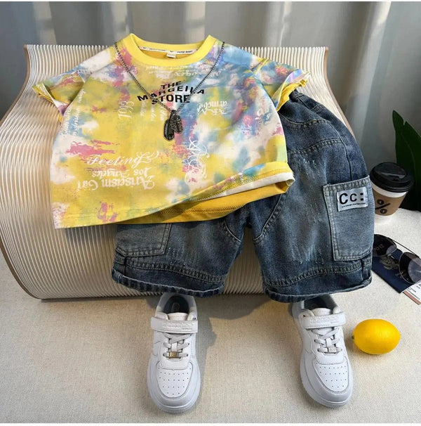 Boys Printed T-shirts And Denim Shorts Set
