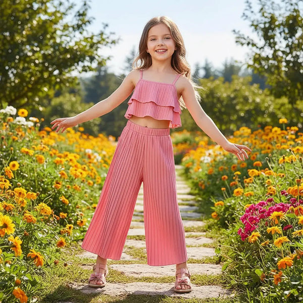 Girls Pink Pleated Crop Top And Plazzo 2 Pcs Set