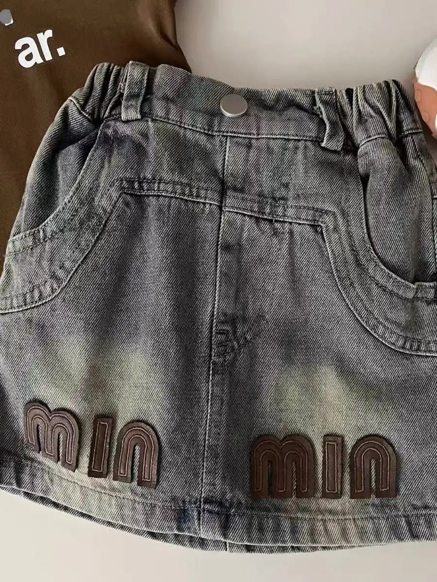 Girls Typographic Top And Denim Skirt