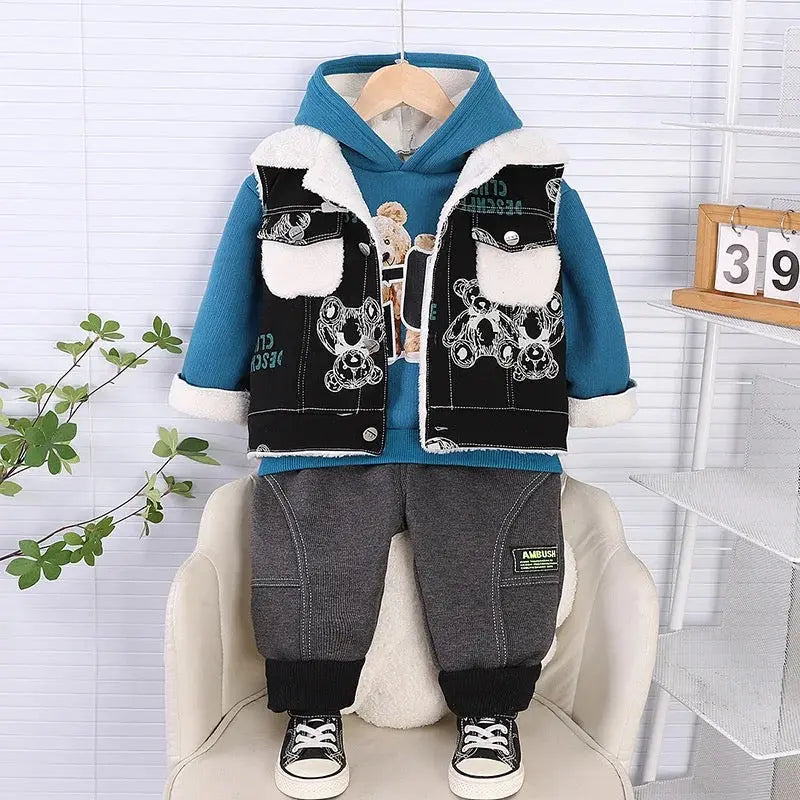 Boys Winter Outfit Denim Jacket Hoodie And Pants Set