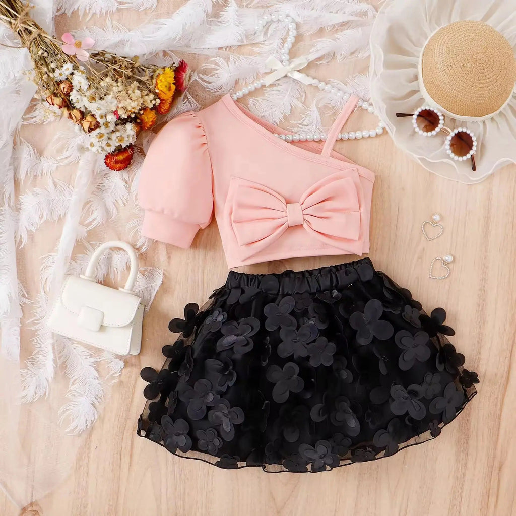 Blush Bow Top & 3D Floral Skirt Co-ord Set for Girls