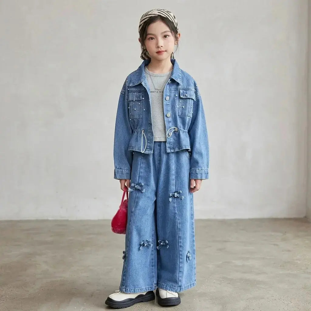 Girls Sequin-Studded Blue Denim Co-ord Set