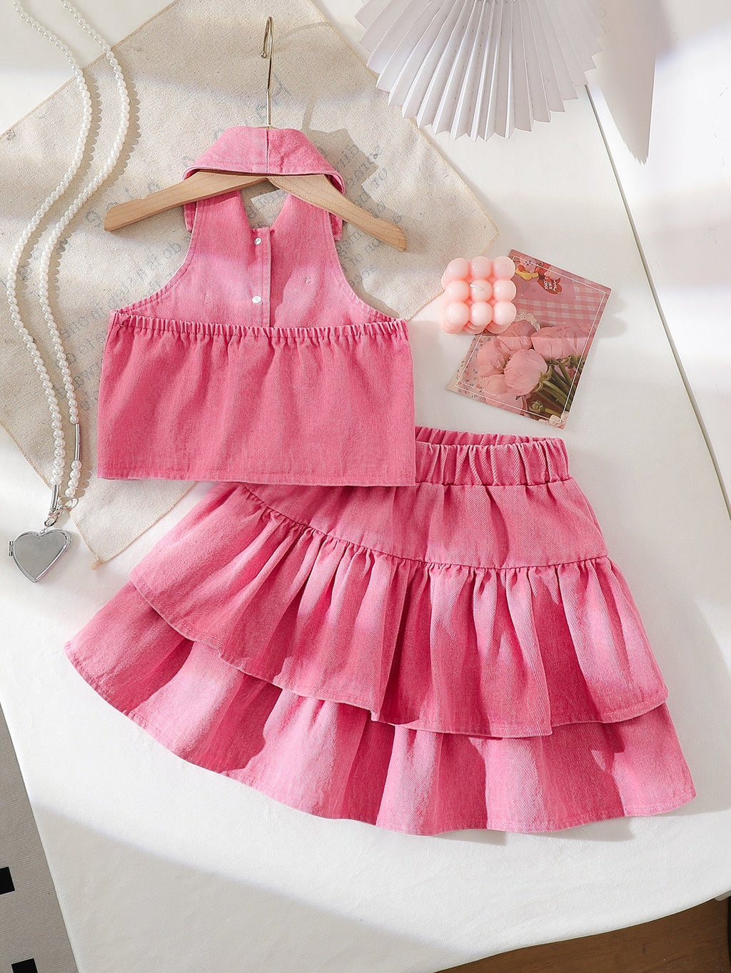 Girls Pink Bow Detail Sleeveless Top & Layered Ruffle Skirt Set