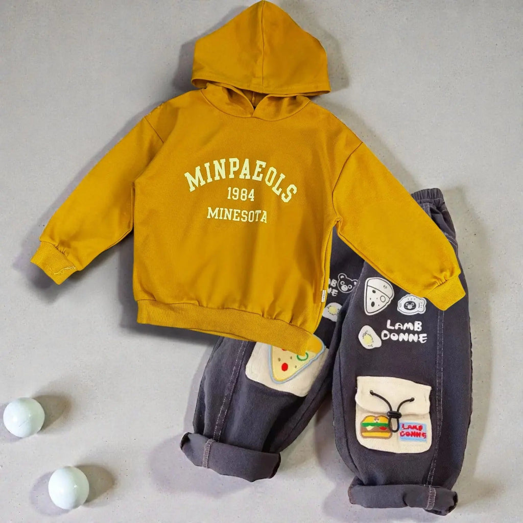 Boys Yellow Hoodie And Patch Designed Jeans
