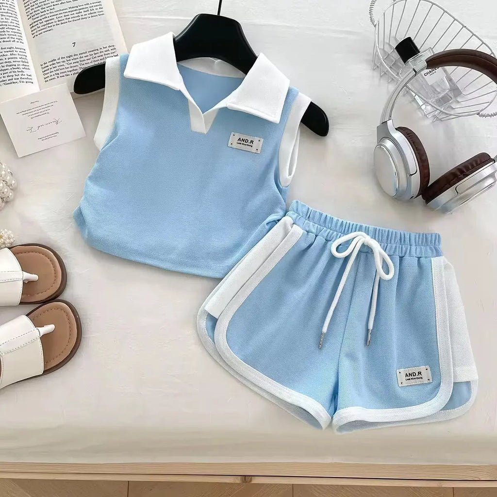 Girls Light Blue Polo Top And Shorts 2 Pcs Set