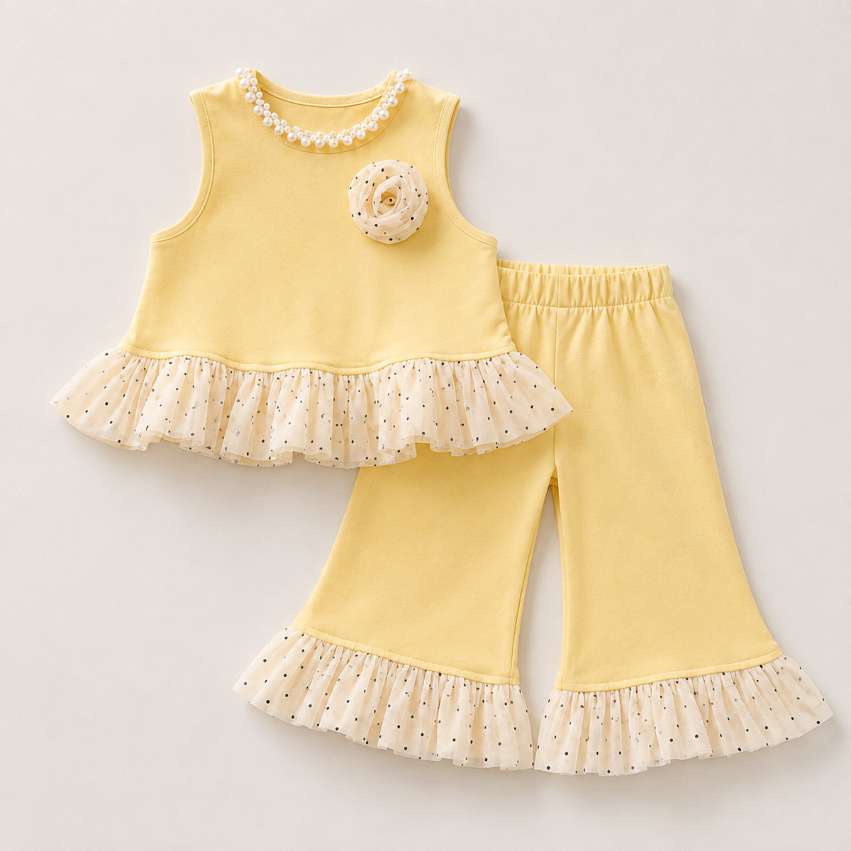 Girls Yellow Floral Ruffle Top & Flared Pants Co-ord Set