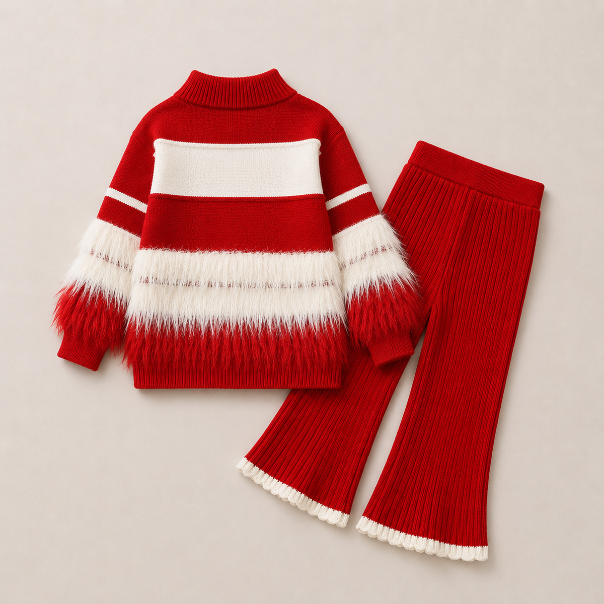 Girls Red & White Knitted Top And Pants 2 Pcs Set