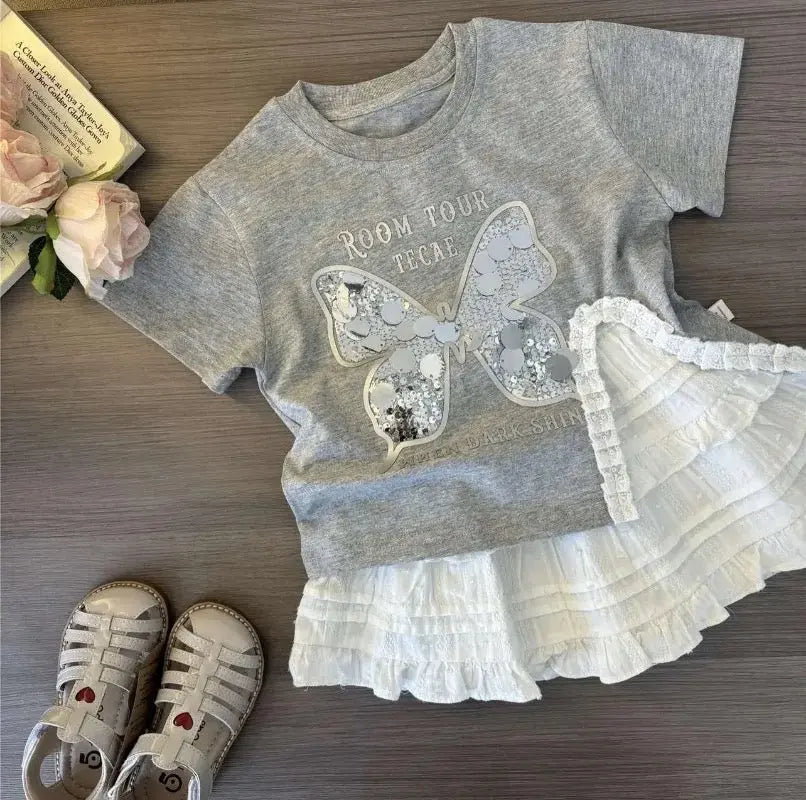 Girls Butterfly Sequins Top And Skirt 2 Pcs Set