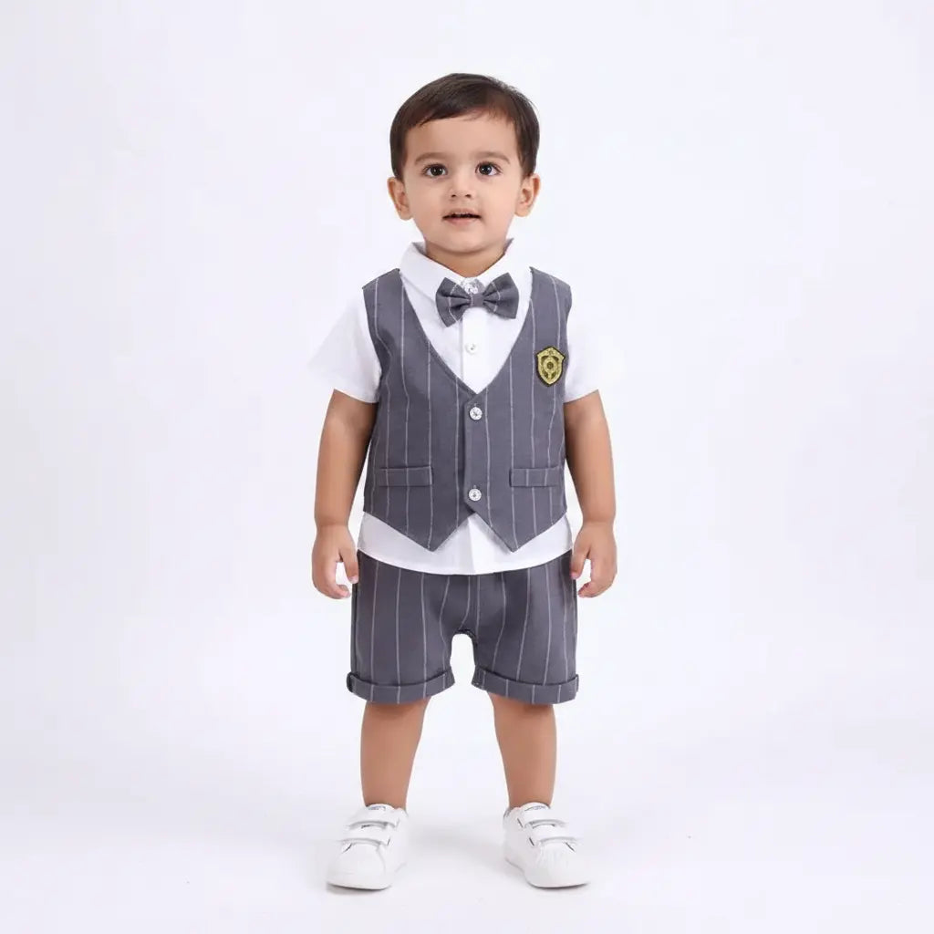 Boys Striped Waistcoat With Shirt And Shorts