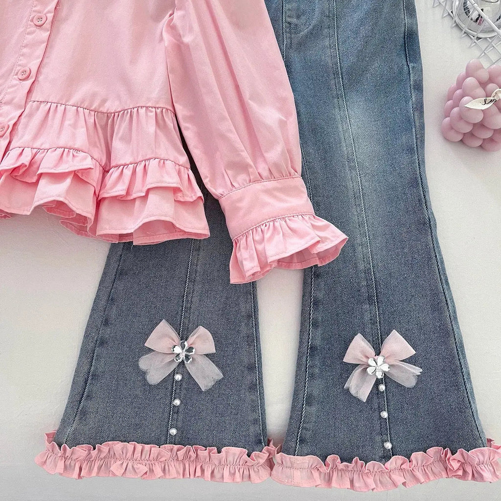 Girls Party Wear Knit Top and Denim Bottom Set