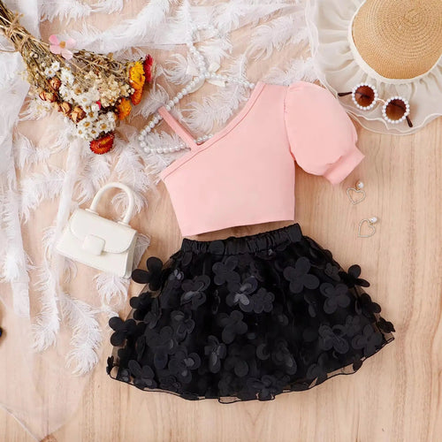 Blush Bow Top & 3D Floral Skirt Co-ord Set for Girls