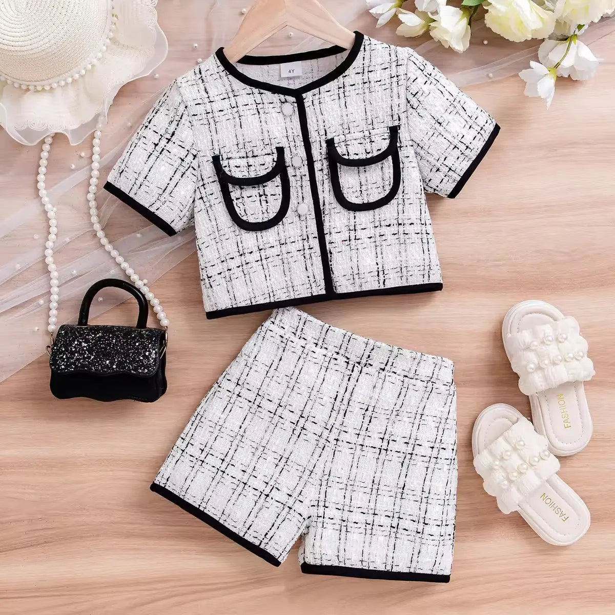 Girls White Tweed Plaid Co-ord Set