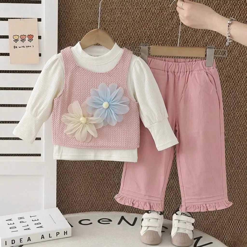 Girls 3-Piece Floral Mesh Top, Inner Tee & Pants Set