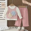 Girls 3-Piece Floral Mesh Top, Inner Tee & Pants Set