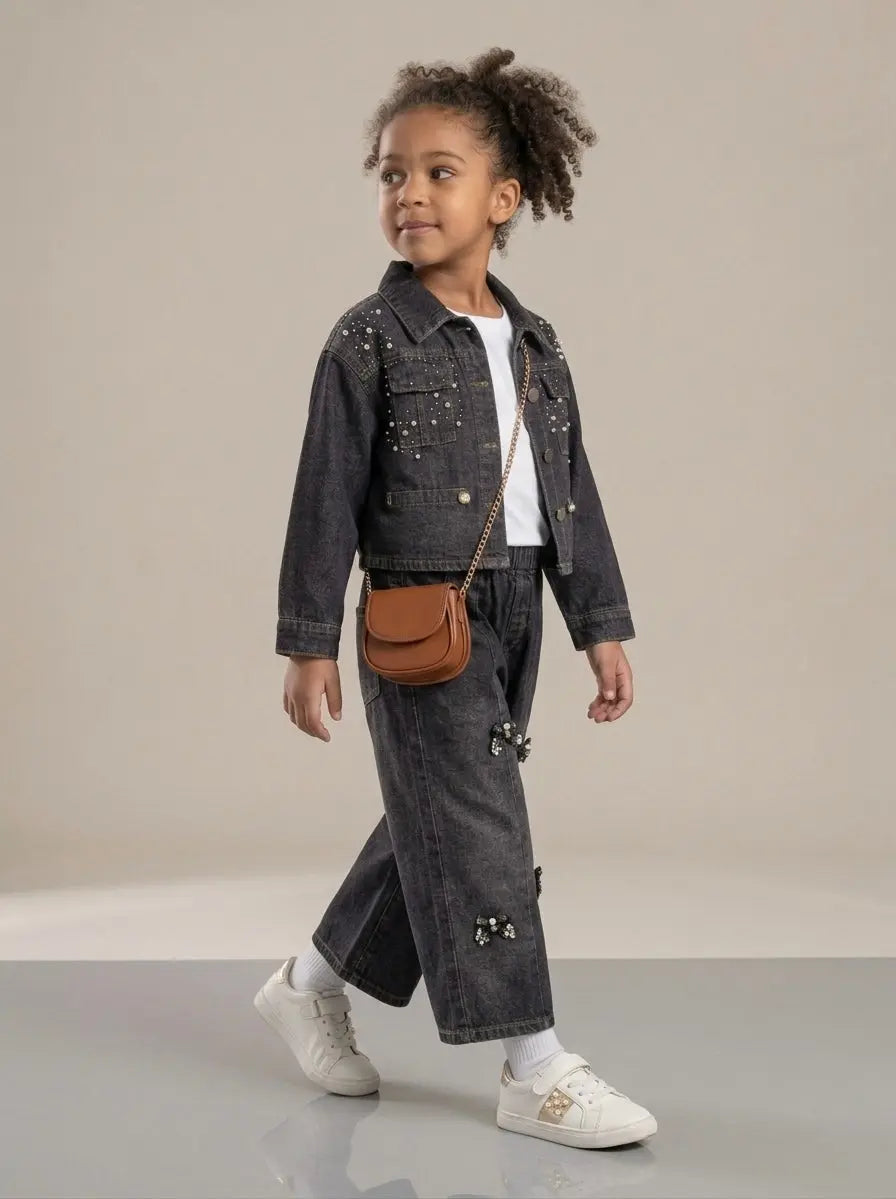 Girls Sequin-Studded Black Denim Co-ord Set
