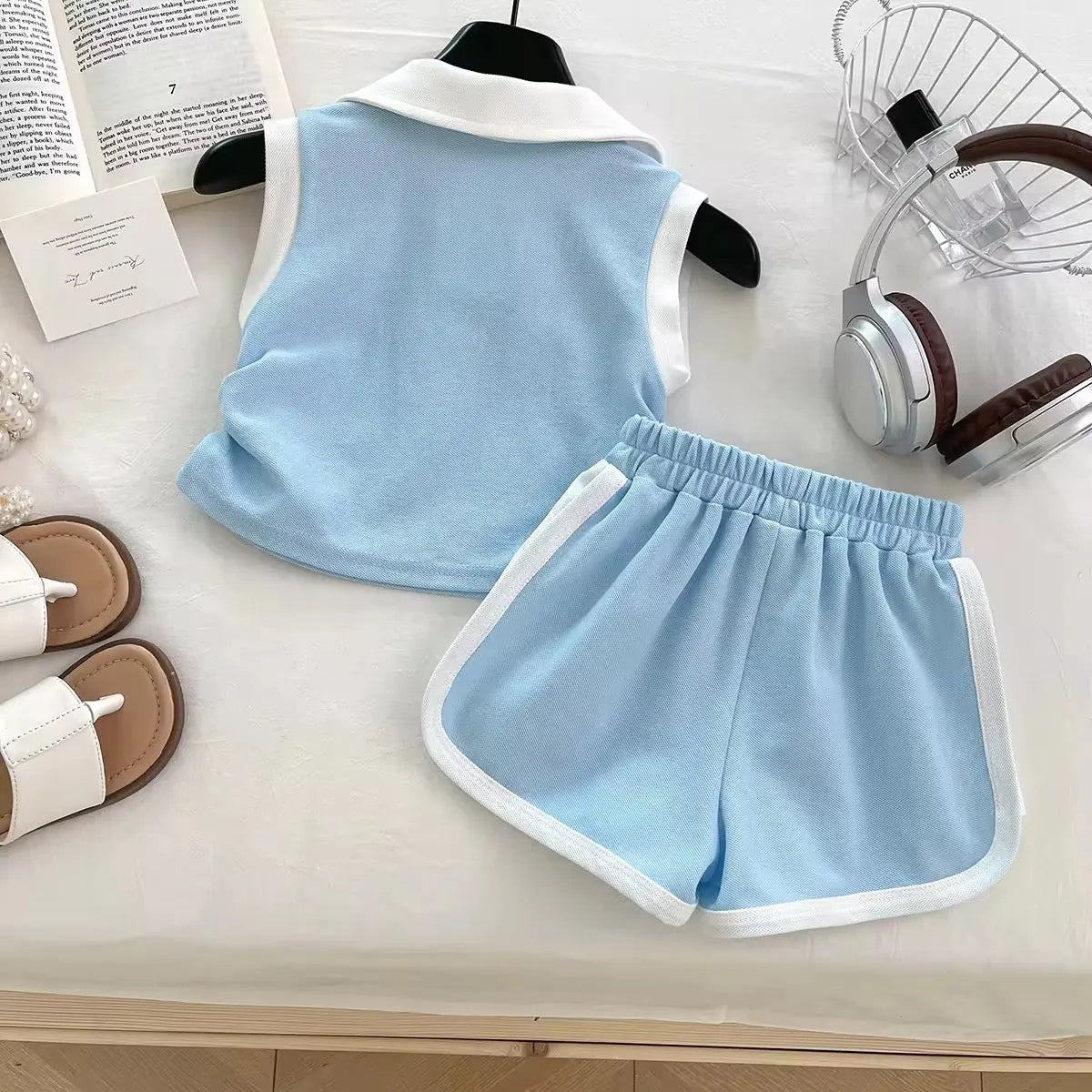 Girls Light Blue Polo Top And Shorts 2 Pcs Set