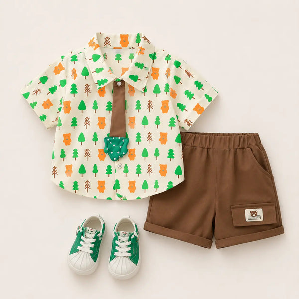 Boys Printed Shirt With Brown Shorts