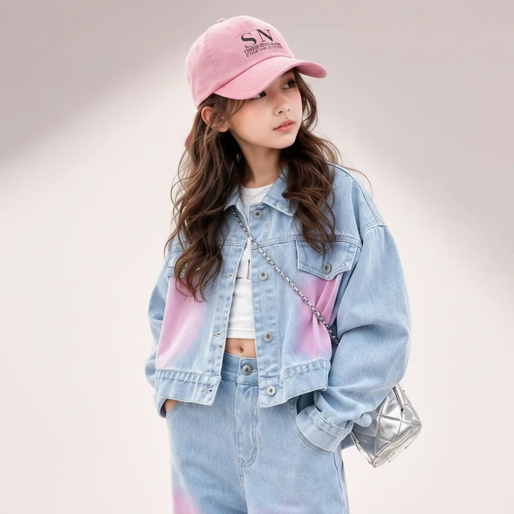 Girls Blue-Pink Denim Co-ord Set