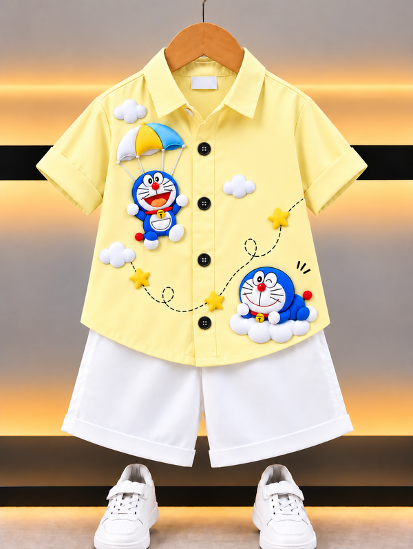 Trendy Doraemon Theme Kids Shirt & Shorts Set – Yellow