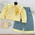 Girls Yellow Ruffle Top, knit Sweater And Printed Denim Pants.