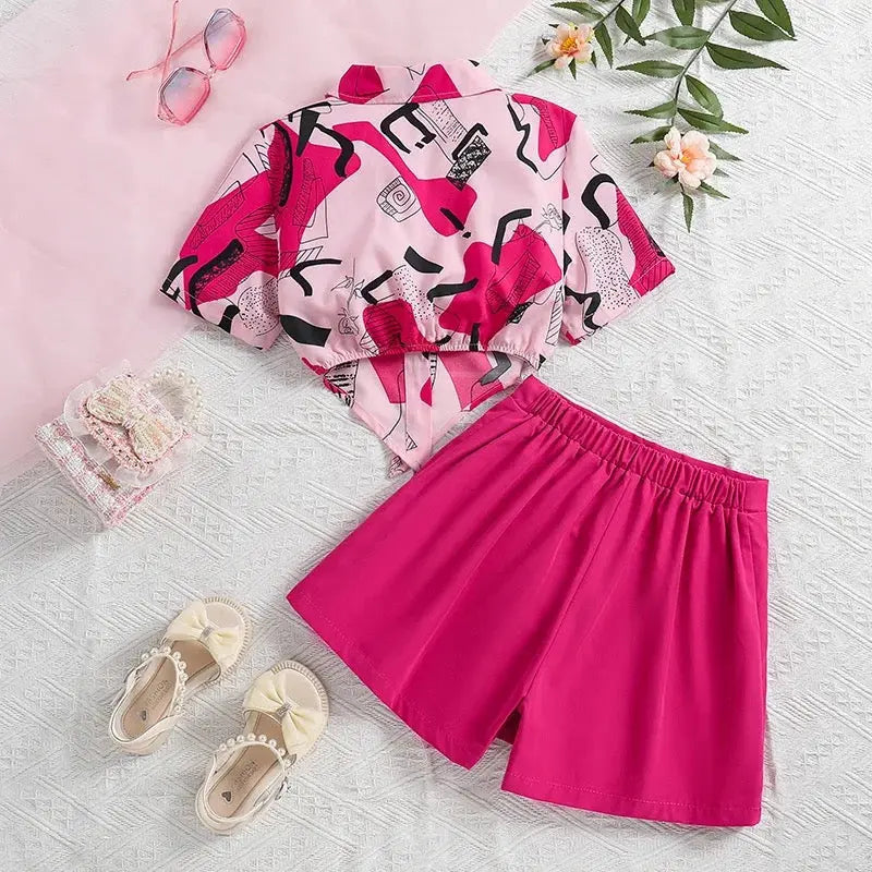 Girls Printed Crop Top And Shorts 2 Pcs Set