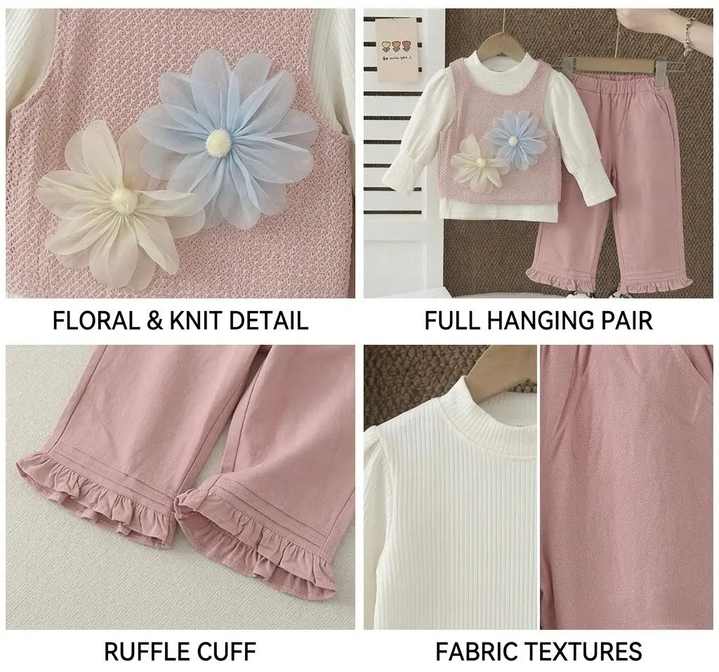 Girls 3-Piece Floral Mesh Top, Inner Tee & Pants Set