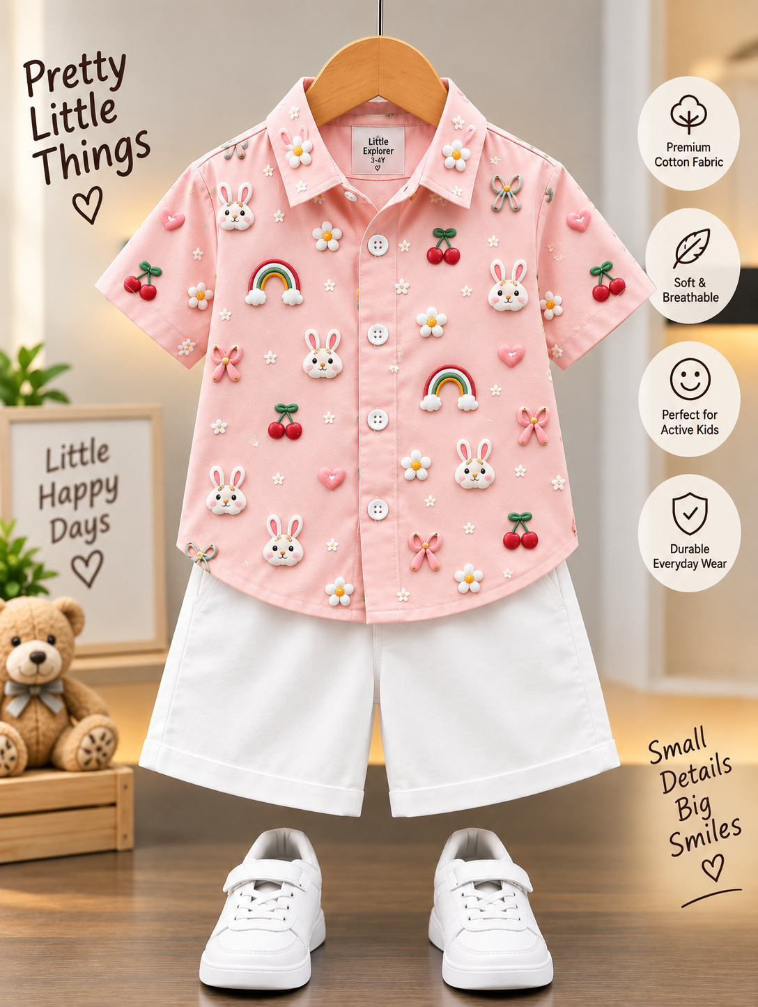 Boys Pink Shirt & White Shorts Set | Cute Bunny, Cherry & Rainbow designe | Stylish Casual Outfit for Kids