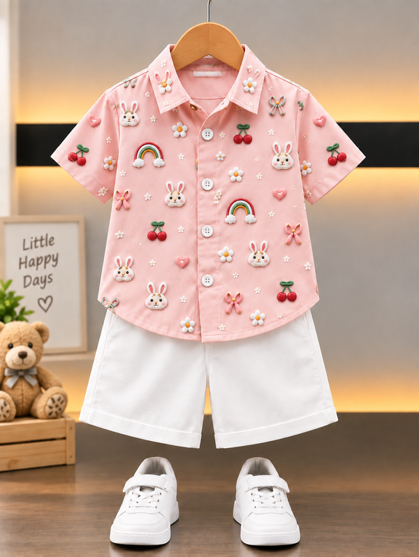 Boys Pink Shirt & White Shorts Set | Cute Bunny, Cherry & Rainbow designe | Stylish Casual Outfit for Kids