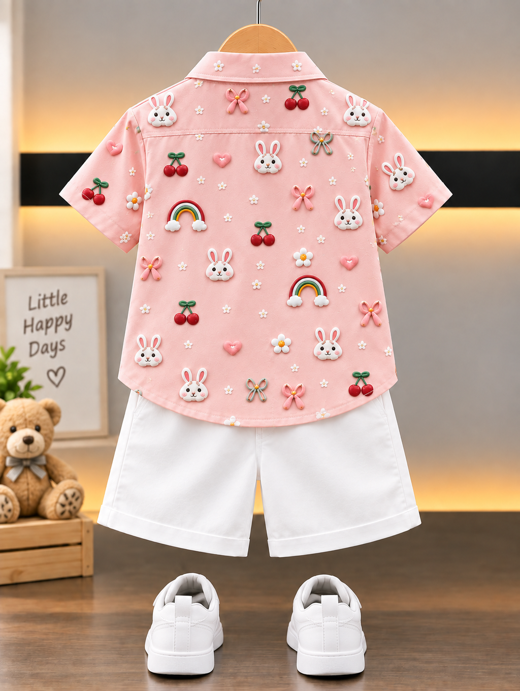 Boys Pink Shirt & White Shorts Set | Cute Bunny, Cherry & Rainbow designe | Stylish Casual Outfit for Kids