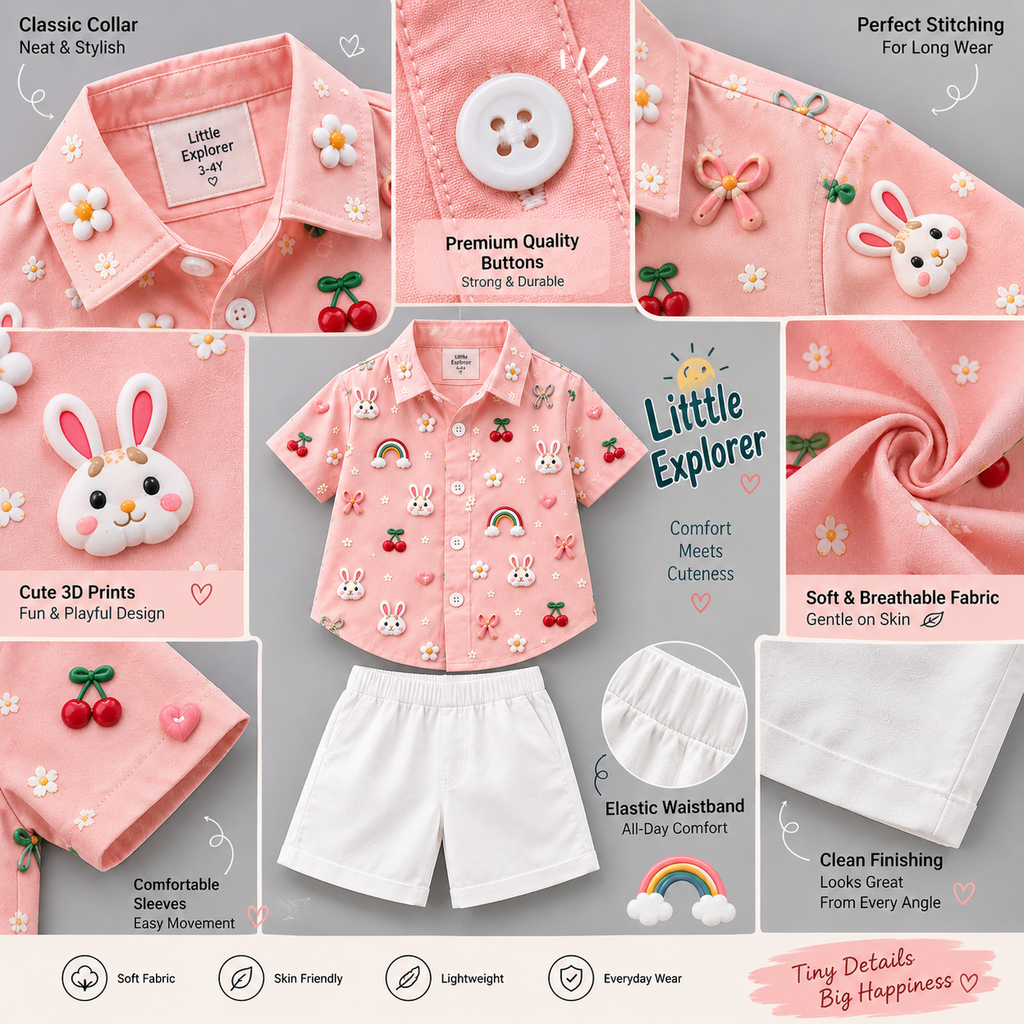 Boys Pink Shirt & White Shorts Set | Cute Bunny, Cherry & Rainbow designe | Stylish Casual Outfit for Kids