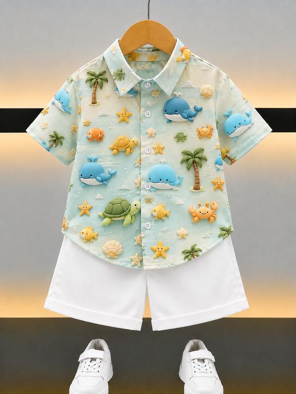 Kids Ocean Theme Shirt Shorts Set – Cute Whale & Sea Animal Print Outfit