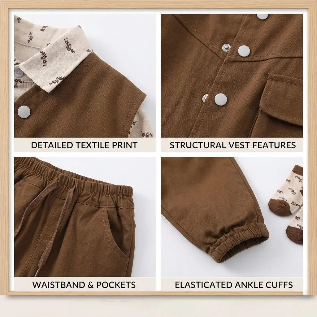 Boys Little Explorer 3-Piece Set – Brown Jacket, Shirt & Joggers