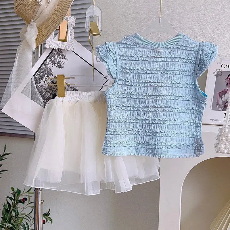 Girls Elegant Pearl Knit & Layered Skirt Set