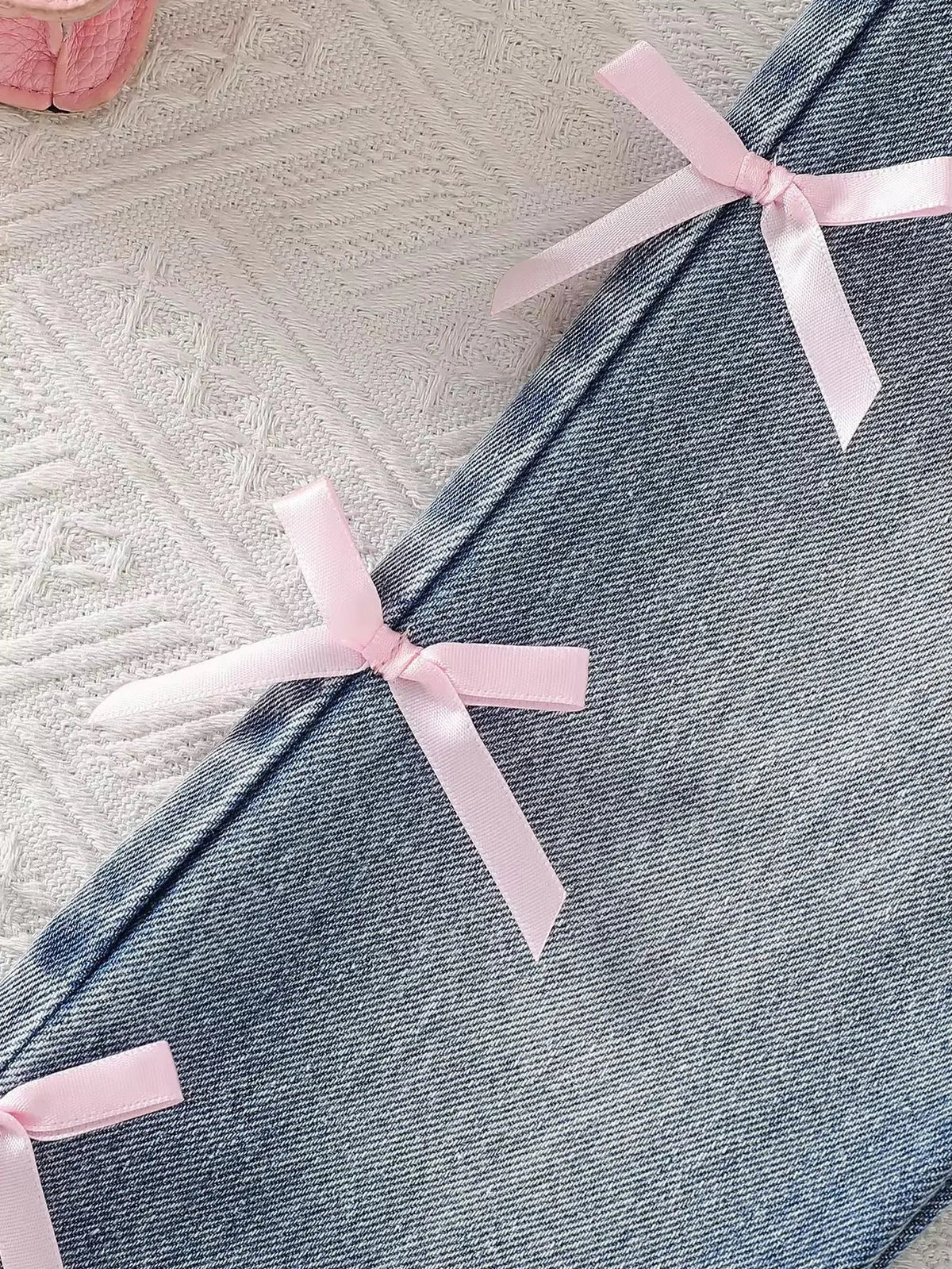 Girls Mesh Top With Bow Denim Pants Set