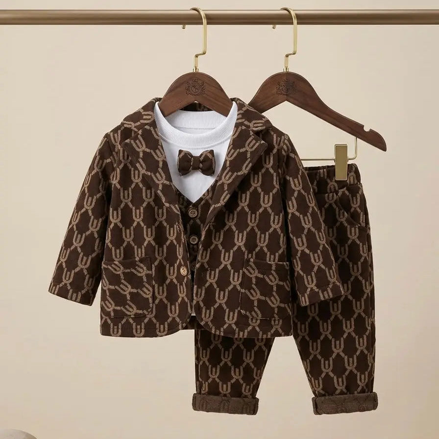 Boys Elegant Monogram Brown Suit