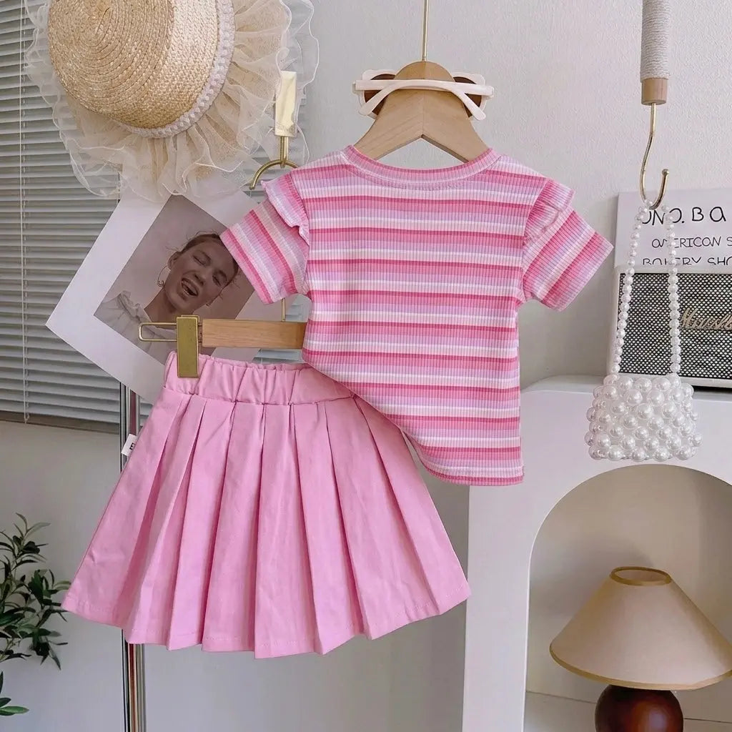 Girls Striped Pink Top And Matching Skirt