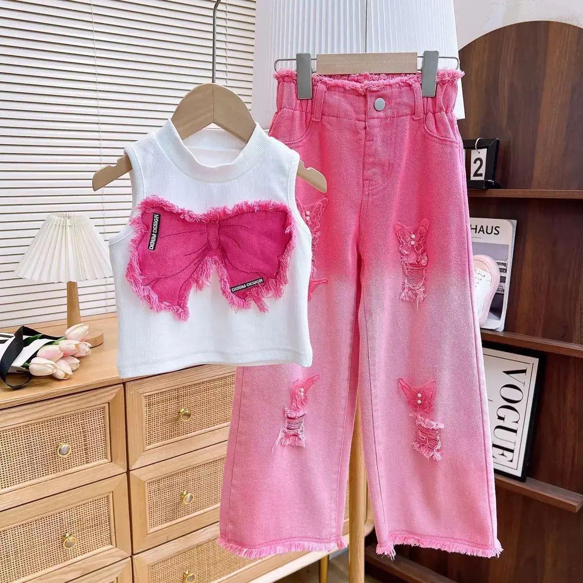 Girls Pink Bow Appliqué Top & Wide Fit Jeans Set