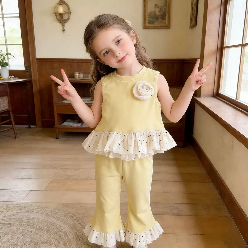 Girls Yellow Floral Ruffle Top & Flared Pants Co-ord Set