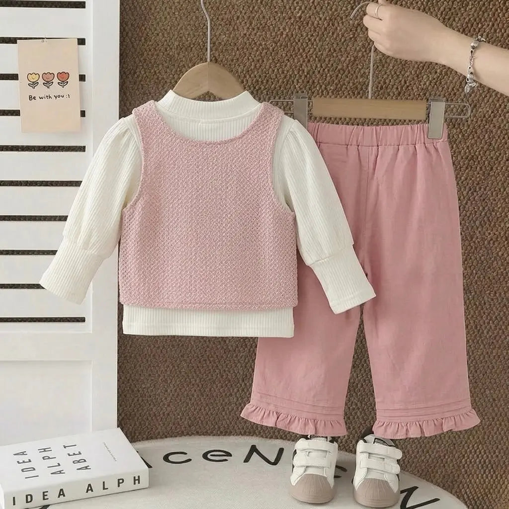Girls 3-Piece Floral Mesh Top, Inner Tee & Pants Set
