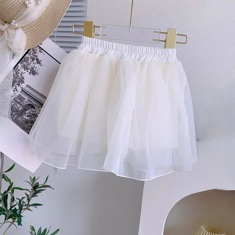Girls Elegant Pearl Knit & Layered Skirt Set