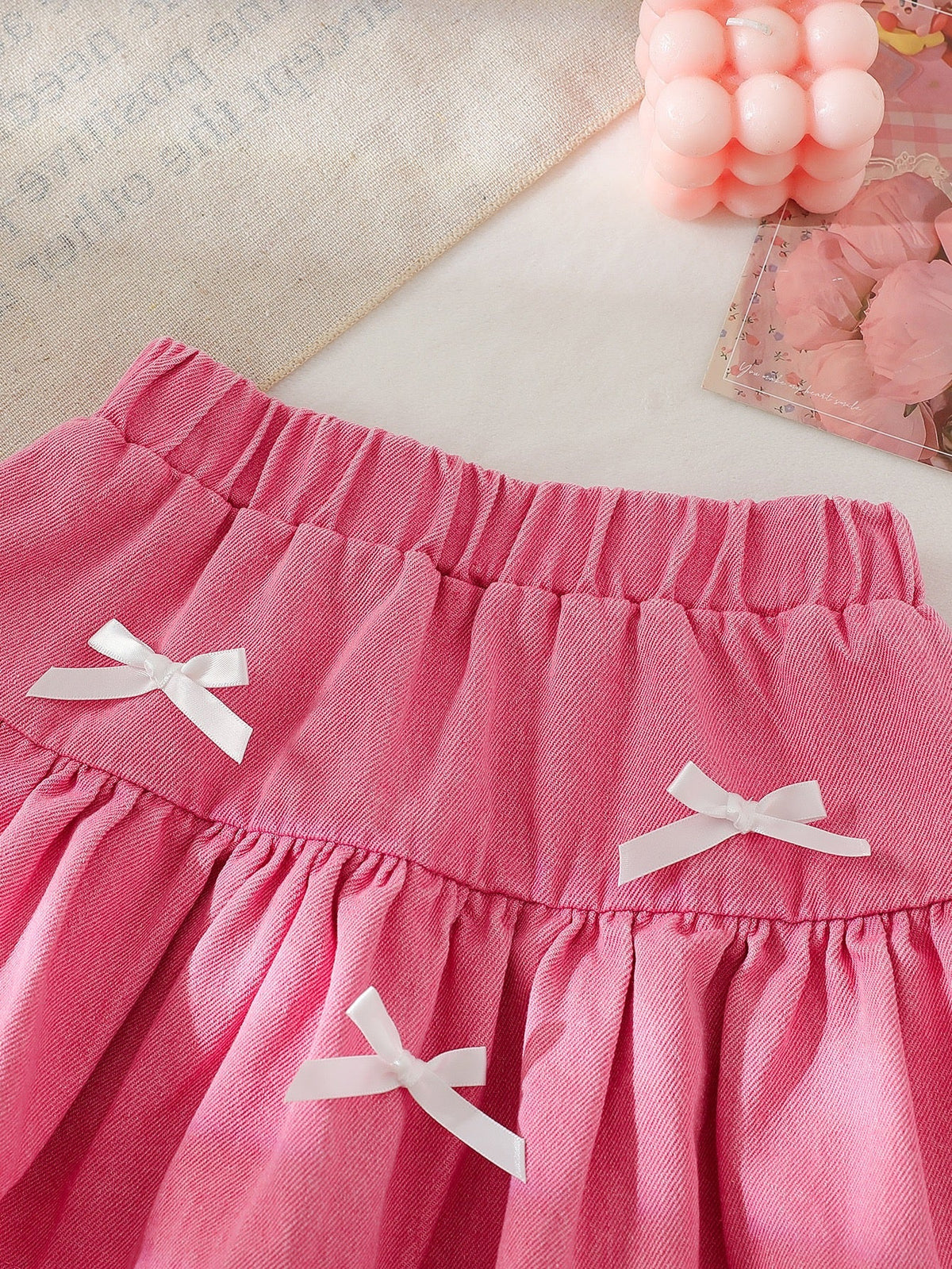 Girls Pink Bow Detail Sleeveless Top & Layered Ruffle Skirt Set