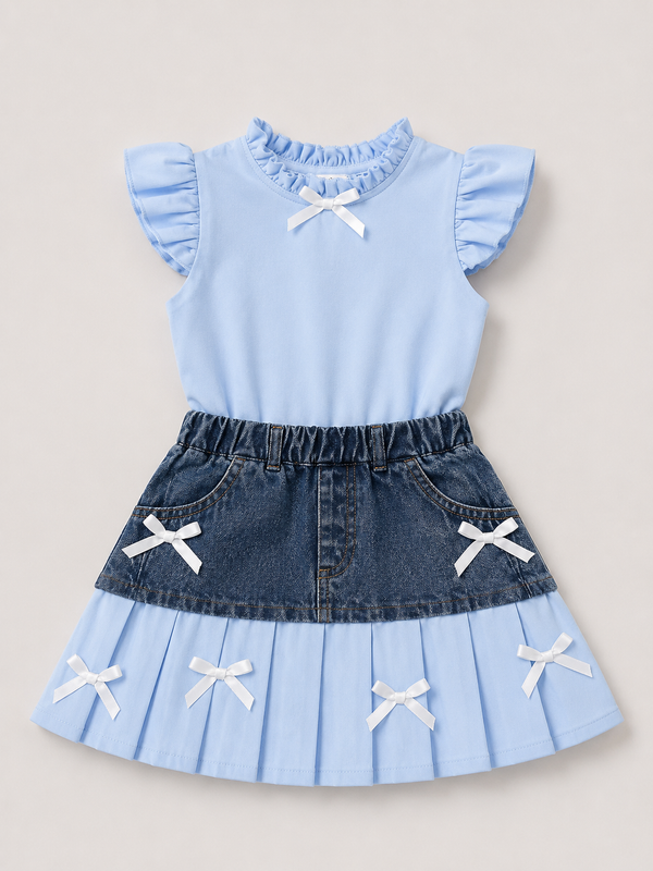 Girls Blue Bow Detail Top & Skirt