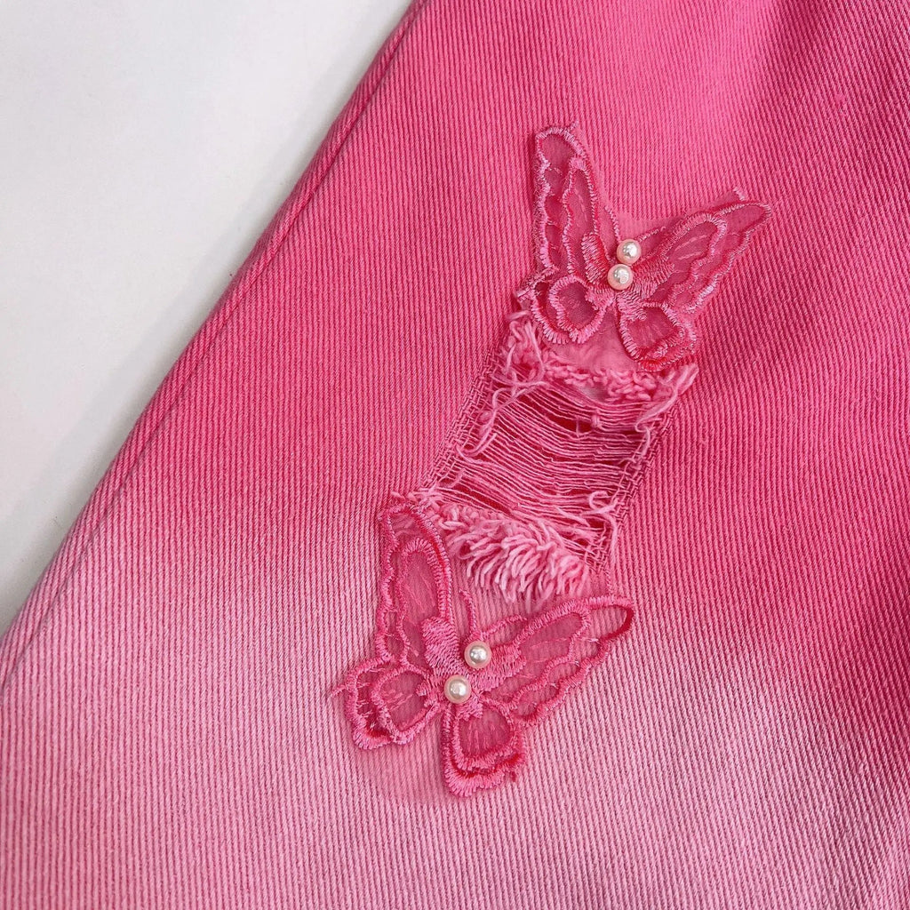 Girls Pink Bow Appliqué Top & Wide Fit Jeans Set